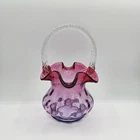 FENTON Vintage Glass Mulberry Coin Dot Optic Basket With Clear Spiral Handle