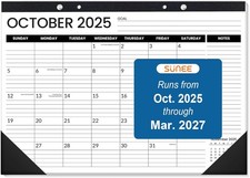 SUNEE Desk Calendar 2025-2026, 18 Months from Oct. 2025 to Mar. 17x12, Black 