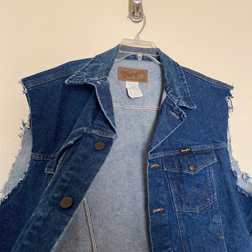 Wrangler Cutoff Jacket Mens 2XL Blue Denim Iron Indian Riders Patch Biker Vest - Picture 6 of 14