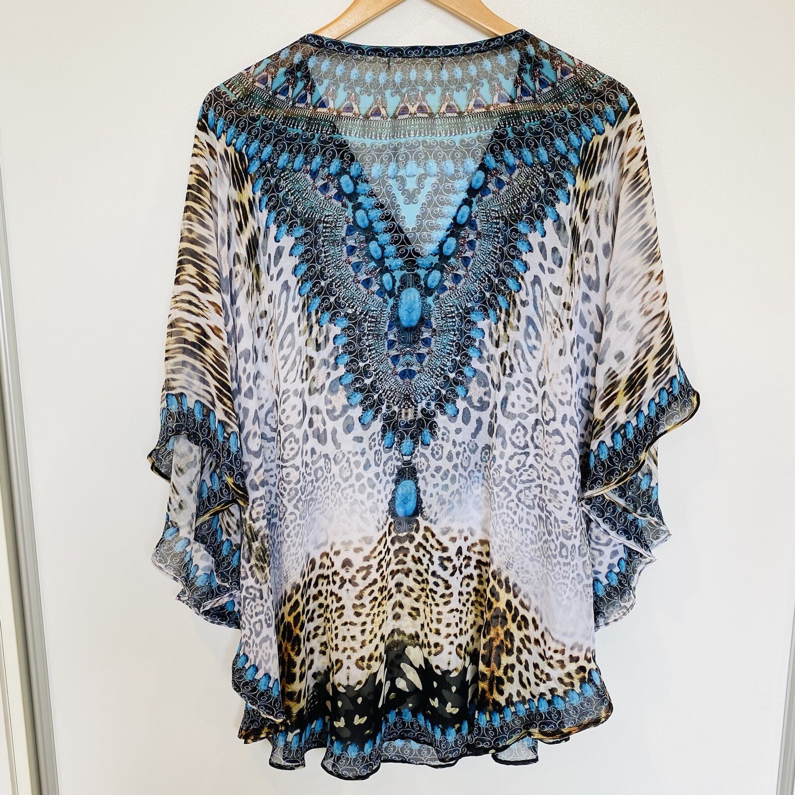 Womens Kaftan Top Size Medium Diamantés Blue Brown Boho Casual Cover Up Sheer - Picture 5 of 5
