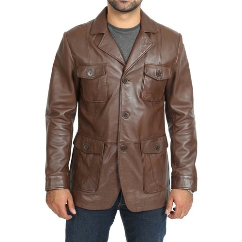 Men's Pure Sheep Leather Jacket New Handmade Blazer Genuine Lambskin Brown Coat - Picture 3 of 5