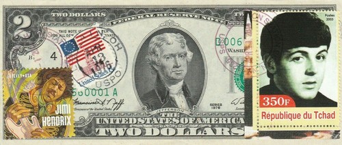 $2 DOLLARS 2009 STAMP CANCEL BEATLES BAND  LUCKY MONEY VALUE $125 - Picture 1 of 2