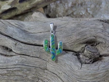 Petite Saguaro Cactus Pendant 925 Gaspeite and Opal Handcrafted Silver USA NEW