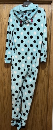 Justice Girls 16/18  Hooded Cat Face Plush One Piece Pajamas Zip Up Blue Polka - Bild 2 von 5