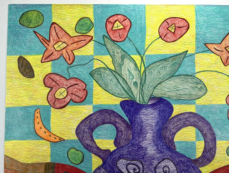 "Bodegón colorido 14x17"" dibujo original flores abstractas en florero ramo" Foto 4 de 4