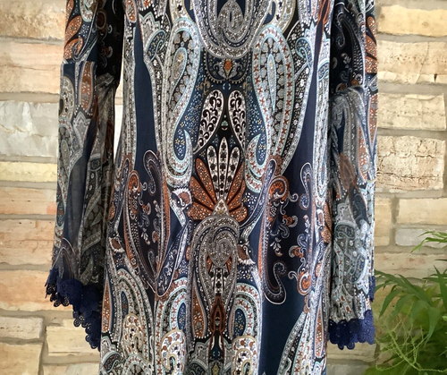 MSK Scarf Bell Sleeves Matte Silky Stretch A Line Navy Paisley Boho Dress M NWOT - Picture 5 of 15
