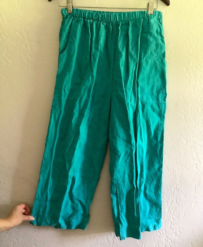 Mosaik USA türkis blau/grün Leinen CROPPED Hose Gummibund Größe SMALL