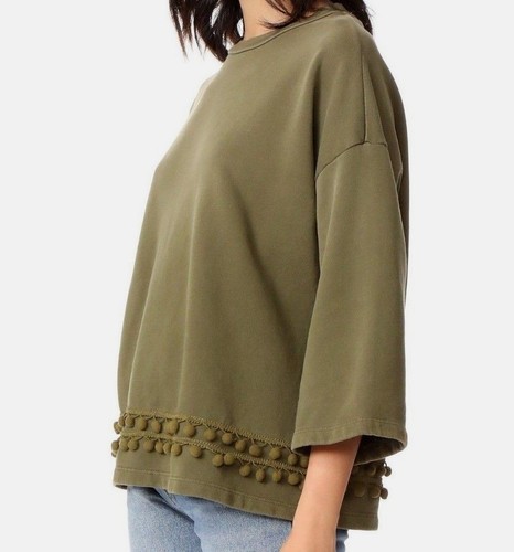 $198 NWT CURRENT ELLIOTT Sz1=S THE POM POM 3/4 SLEEVE SWEATSHIRT TOP DARK OLIVE - Picture 2 of 9