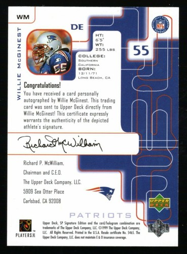 1999 SP Signature Edition Willie McGinest Autographed Card NE Patriots - Picture 2 of 2