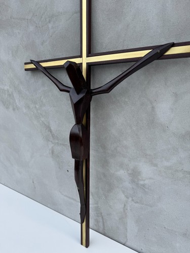 Modern Wooden Crucifix Brass Inlay Mid-Century Christian Wall Cross Abstract - Picture 5 of 12