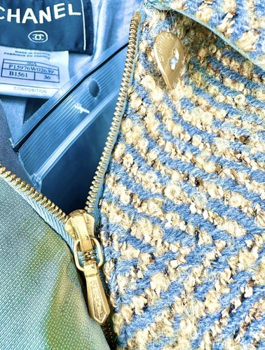 Chanel Vintage 2000 Gold Logo Tweed Jacket 34 36 2 4 Coat Top Blue Grey 90s S - Picture 21 of 24