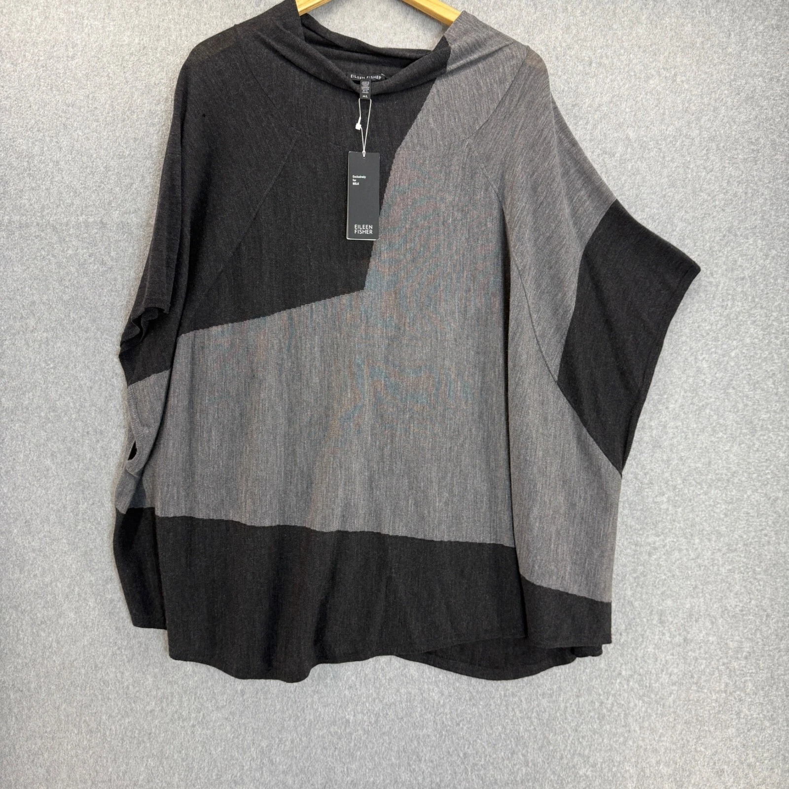 Eileen Fisher Drape Neck Poncho Sweater Medium / Large Black Gray Merino Wool
