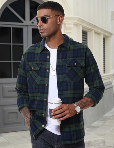 Men's Flannel Shirts Long Sleeve Plaid Shirt Button Up Casual Lightweight Jacket - Picture 40 of 72