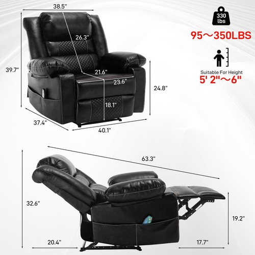 Oversized Heated & Massage Recliner Rocker Chair PU Leather Reclining Sofa Chair - Picture 17 of 21