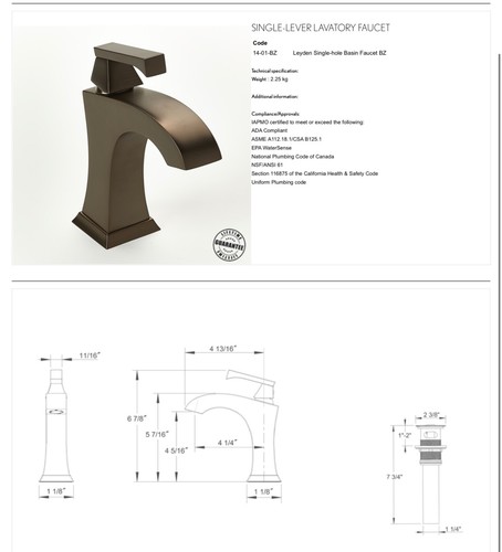Ammara Designs Bronze Single Hole Bathroom Faucet With Push Drain Same Day Ship - Picture 4 of 9