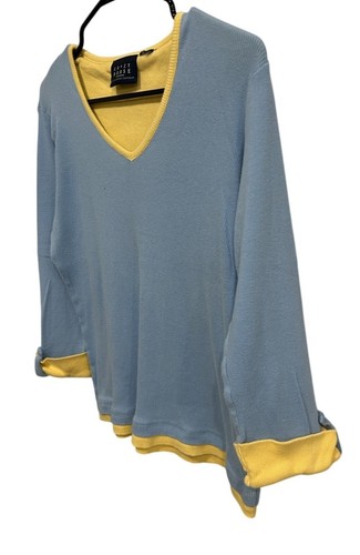 Crazy Horse Liz Claiborne Blue Yellow V Neck Ribbed Knit Long Sleeve Top Size M - Picture 3 of 18
