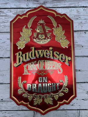 Vintage Budweiser King Of Beers On Draught Embossed Metal Hanging Beer Sign