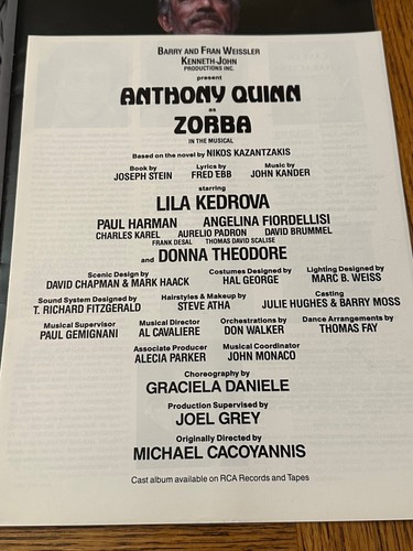 Folleto del programa de recuerdo musical Anthony Quinn Is Zorba con inserto 1983 - Imagen 10 de 16