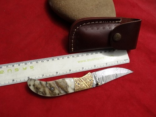Antler Horn /BRASS_ DAMASCUS STEEL Folding Pocket Knives,Bush Hunting Knife - Picture 15 of 19