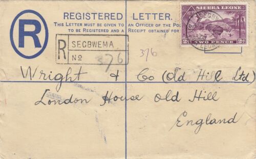SIERRA LEONE:1939 GVI 3d brown REGISTERED Envelope size G  H&G C5  -SEGBWEMA - Picture 1 of 2