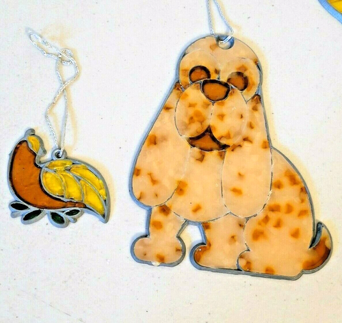 7 Piece Vintage Stained Glass Dog Bird Santa and Plastic Stained Ornaments - Picture 2 of 4