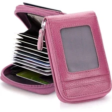 Women Leather Credit Card Holder RFID-Blocking Zip Pocket Wallet with ID Window