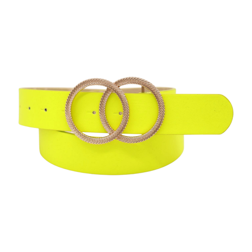 Women Neon Bright Yellow Faux Leather Band Belt Gold Metal Circle Buckle Fit M L - Picture 5 of 24