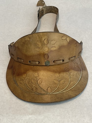Vintage Hand Tooled Made Leather Sun Visor Hat Adjustable Floral Design DAMAGED - Picture 9 of 12