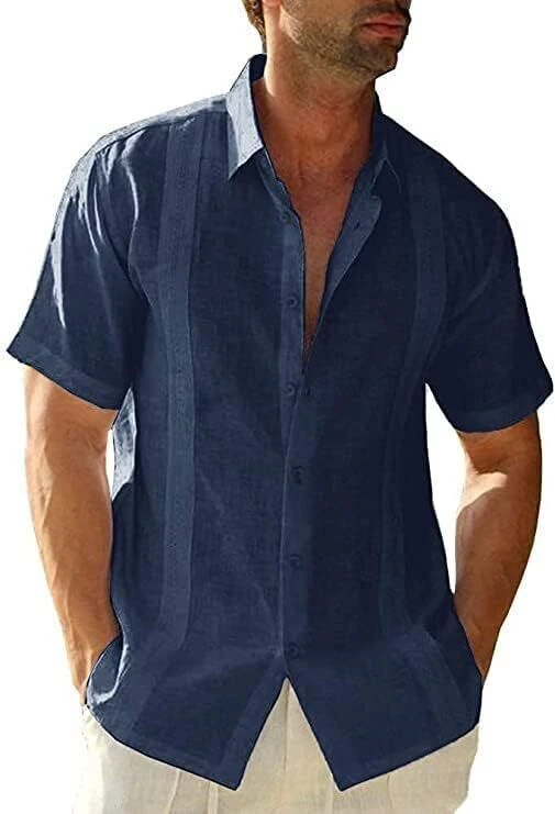 Винтажная мужская хлопковая льняная рубашка Guayabera с коротким рукавом на кубинских пуговицах - Изображение 3 из 4