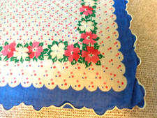 Vintage Handkerchief New Old Stock Pink  White Flowers with Blue Border