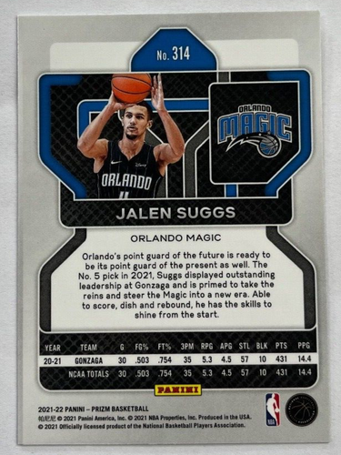 Jalen Suggs 2021-2022 Panini Prizm Base Rookie Card - Orlando Magic #314 - Picture 2 of 3