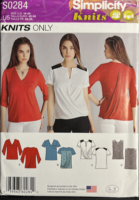 Simplicity Pattern S0284 MISSES KNIT TOPS Plus Size 16-24 Pleats Drapes Pocket