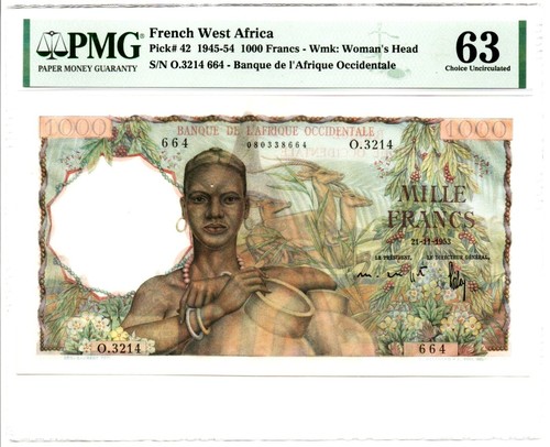 FRENCH WEST AFRICA: 1000 Francs, 21.11.1953. P-42. PMG Choice Uncirculated 63. - Picture 1 of 2