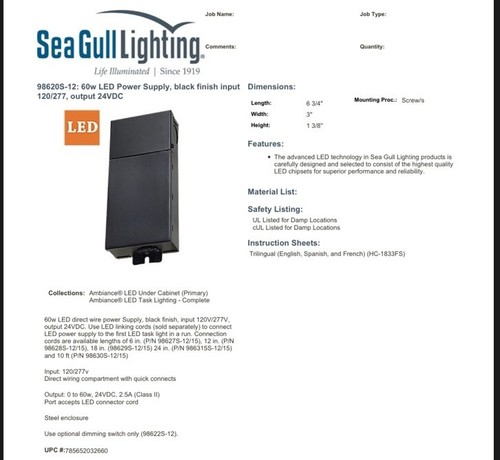 Ambiance Lighting Systems Sea Gull Lighting 98620S-12 LED Driver 120-277 V 60W - Picture 3 of 3