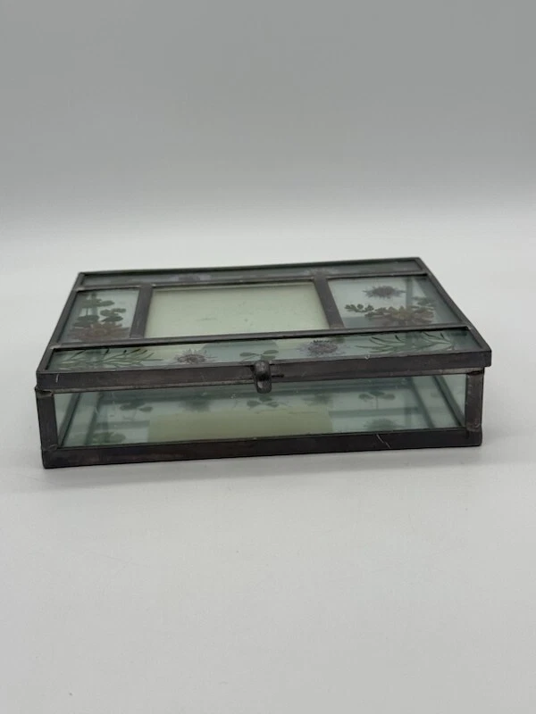 Metal & Glass Keepsake box Handpainted Flower Lid 6.5" x 5.5" x 1.75" - Image 2 of 4