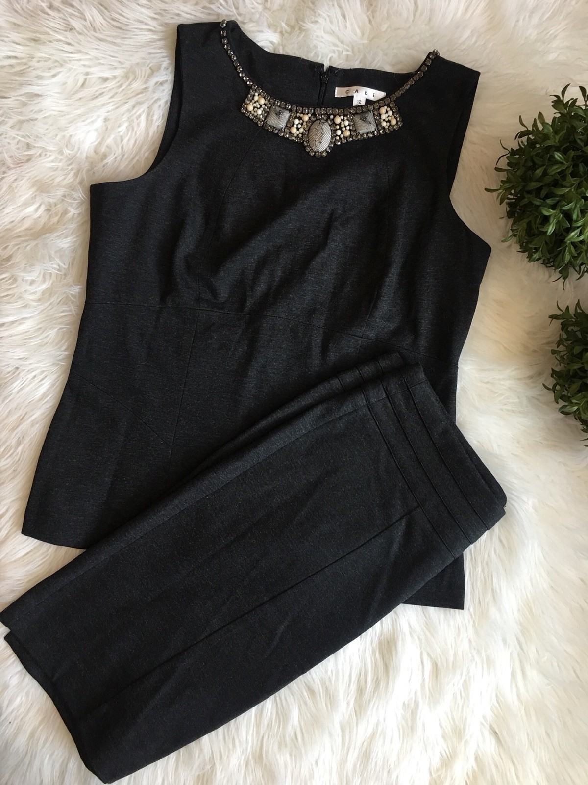 Cabi Grey Two Piece Size 12 Skirt Blouse Sleeveless Career Stretch Rhinestones Cabi Grey Two Piece Size 12 Skirt Blouse Sleeveless Career Stretch Rhinestones