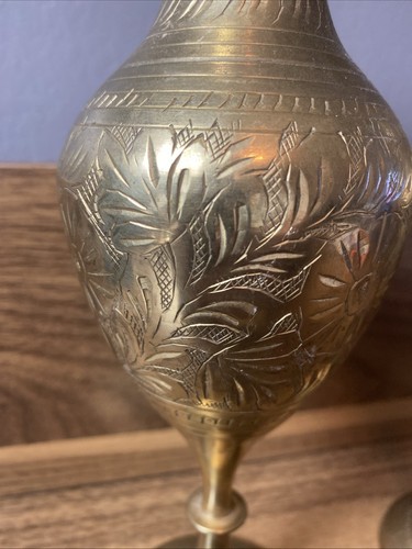 Pair of Vintage Brass Etched Bud Vase Fluted Rim - Pedestal Base - India 10”tall - Picture 2 of 4