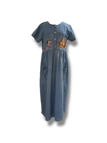 Vintage 90s Disney Store Winnie The Pooh Denim Buttoned Dress Size L Tigger Owl - Picture 1 of 23