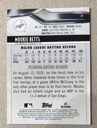 2021 BOWMAN PLATINUM GOLD #21 MOOKIE BETTS #’D 4/50 - Picture 2 of 2