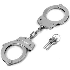 POLICE Handcuffs Heavy Duty Security Silver Steel Double Lock w/ Keys & Holster