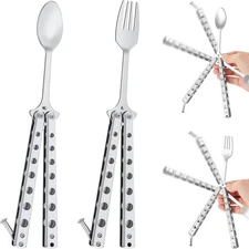 2 Pcs Butterfly Fork and Spoon Set Tactical Folding Stainless Steel Spork