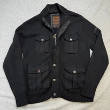 Schott NYC Military Sweater Jacket Mens XL Black Wool Knit Full Zip Army Pockets