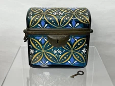 Antique Bohemian Moser Glass Casket Jewelry Box Gilt & Enameled design w/key