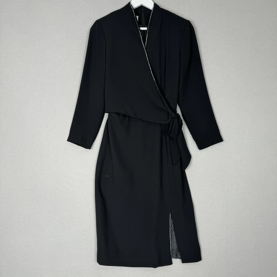Vintage Jones New York Womens Dress 6 Black Faux Wrap Rhinestone Trim Cocktail - Image 3 of 4