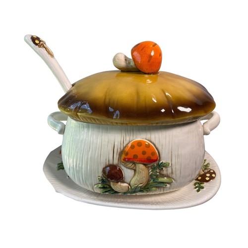 Merry Mushroom 1978 Keramik Suppenterrine mit Schöpfkelle & Teller Retro Set LESEN - Bild 2 von 23