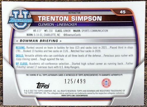 Bowman University Trenton Simpson 2022 refractor automático #125/499 Clemson #45 - Imagen 2 de 2