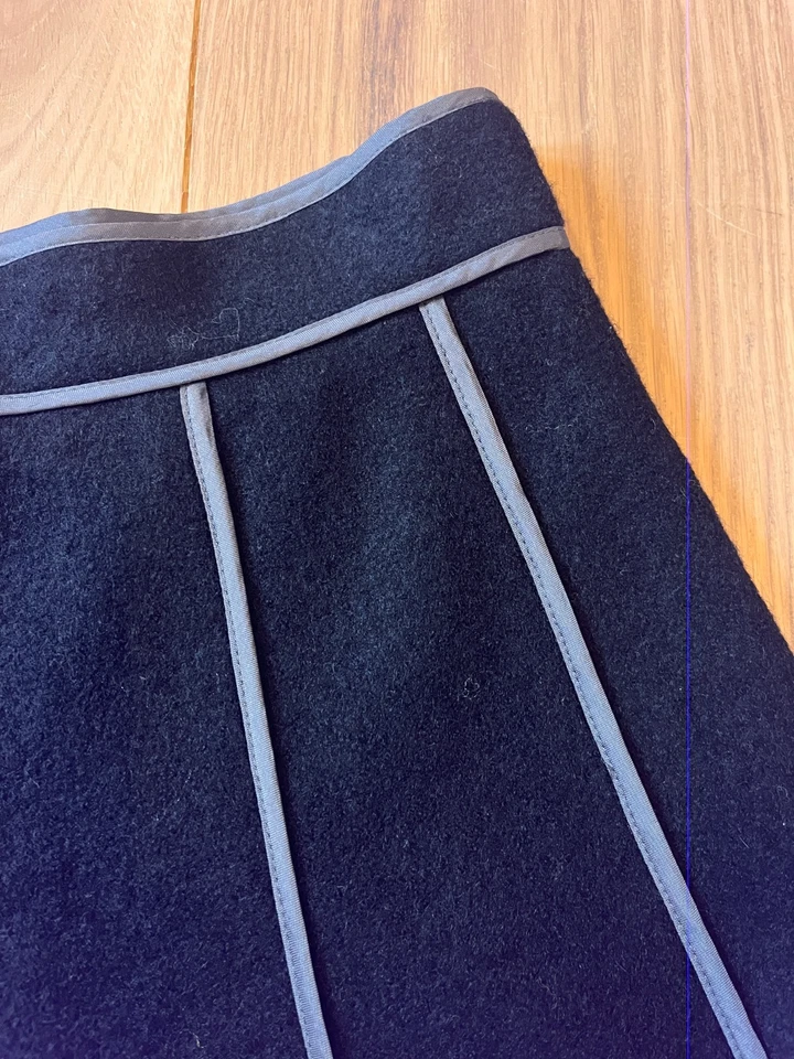 John Lewis black wool blend skirt UK14 flared panelled grey satin trim midi - Image 2 of 4