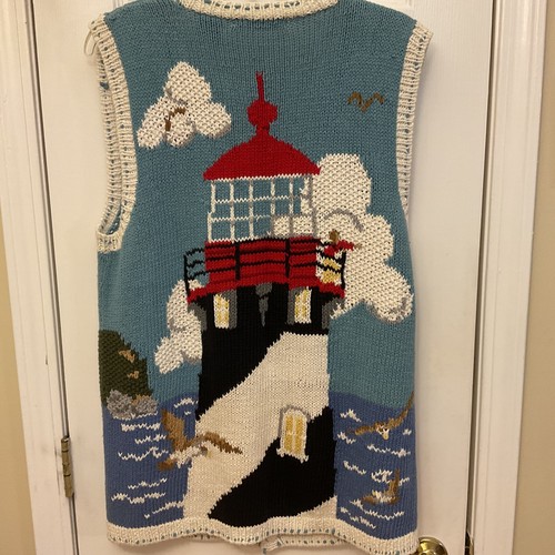 Eagles Eye Knit Cardigan Sweater Vest Large Nautical Ocean Seagull Lighthouse - Picture 6 of 11