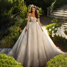 Luxury Glistening A Line Wedding Dress Tulle O-neck Bead Sequiins Bridal Gowns