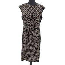 Lauren Ralph Lauren Dress Womens 12 Black Tan Geometric Chain Sheath Ruched Work